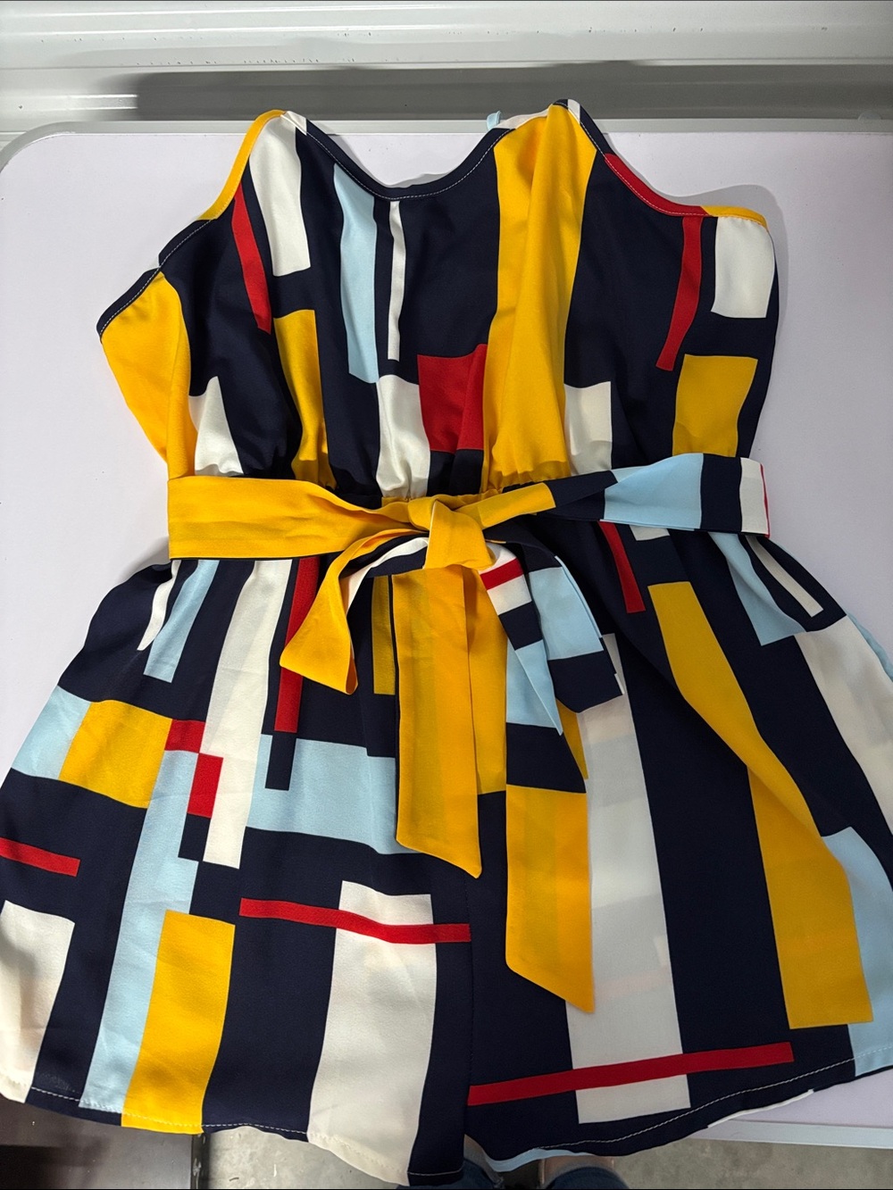 Geometric Print Navy & Yellow Belted Dress